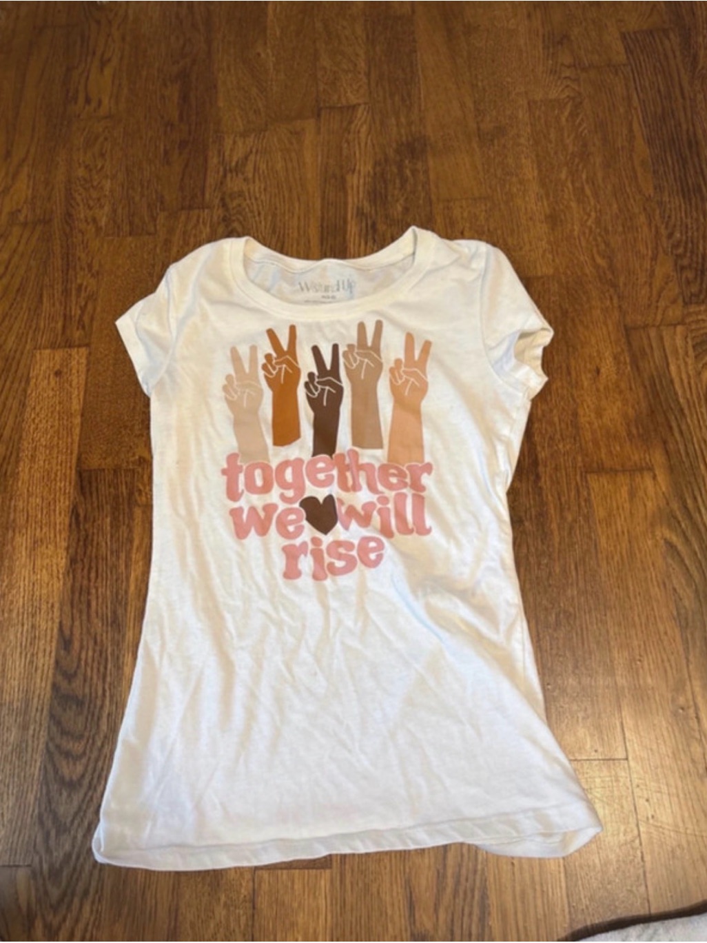 Wound Up White Tee With Multitone PeaceHand Graphic